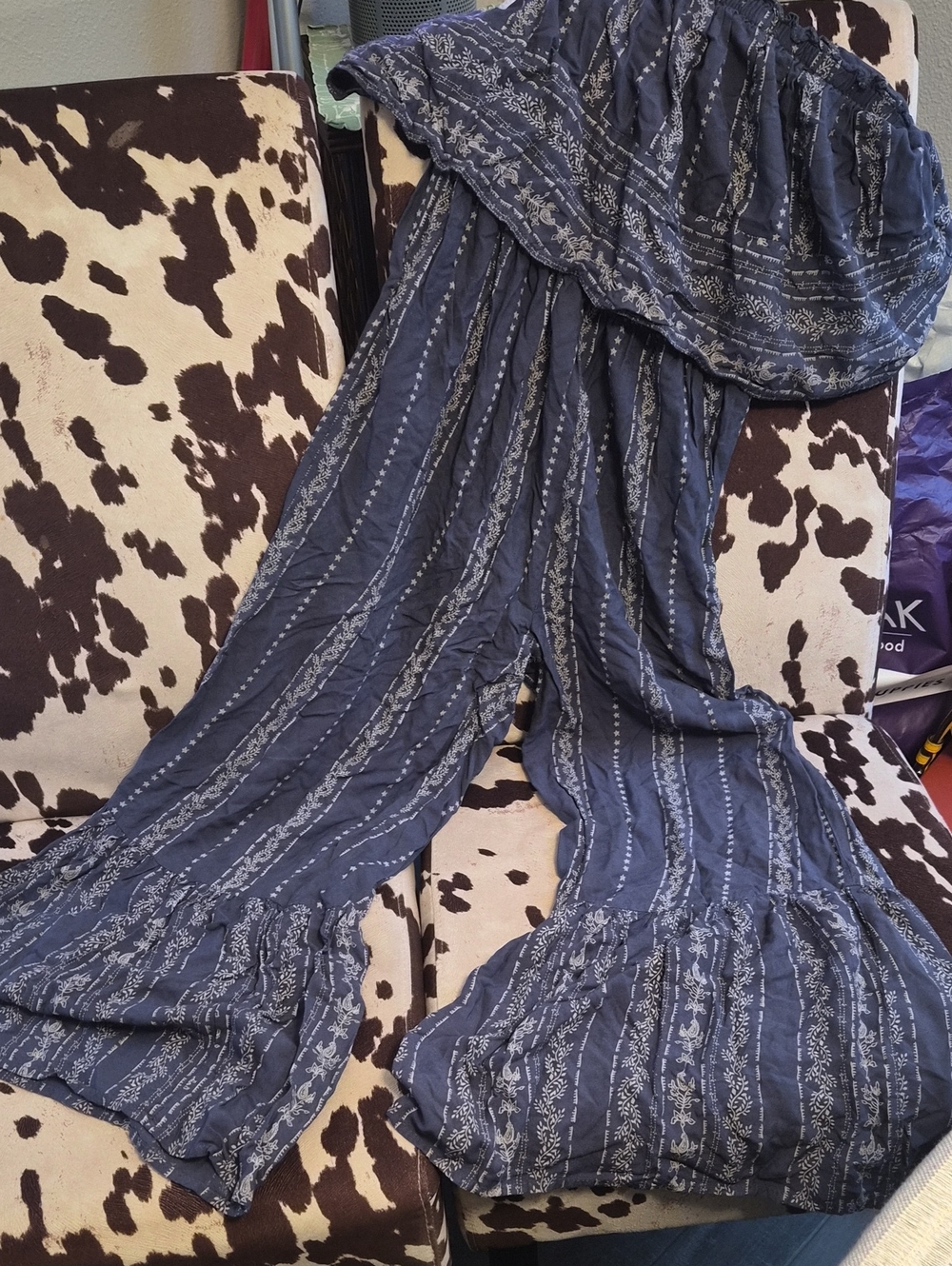 Boho Wide-Leg Jumpsuit in Navy with White Print